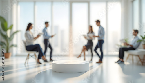Business Team Meeting in a Bright Modern Office with Central Podium