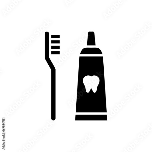 Toothbrush and toothpaste icon. Simple glyph style. Toiletries, brush, tooth, paste, hygiene, oral, health, bathroom, dentist care concept. Silhouette, solid symbol. Isolated design.
