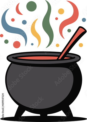 Black cauldron with red liquid and colorful steam wisps
