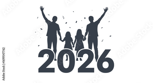 Silhouette of family celebrating new year 2026 with confetti and raised hands