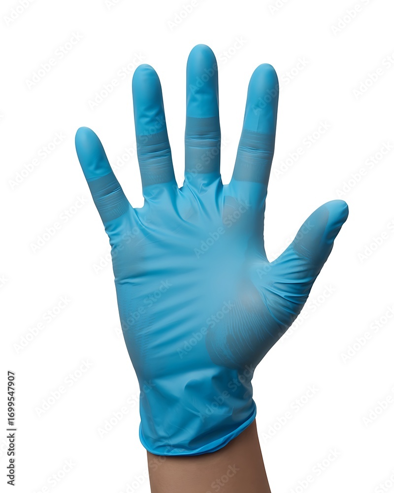 Obraz premium Blue disposable glove on showing open hand with fingers spread