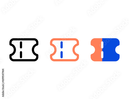 Set of three stylized ticket icons with unique cutouts and color variations