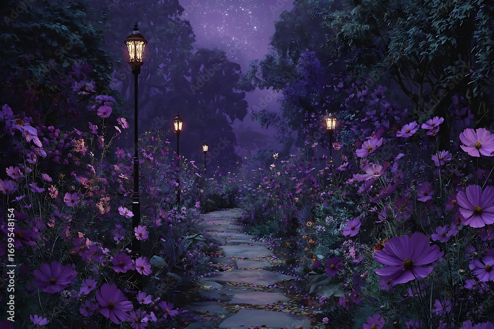 Obraz premium Enchanting pathway through a vibrant purple flower garden under a starlit night sky with glowing lanterns