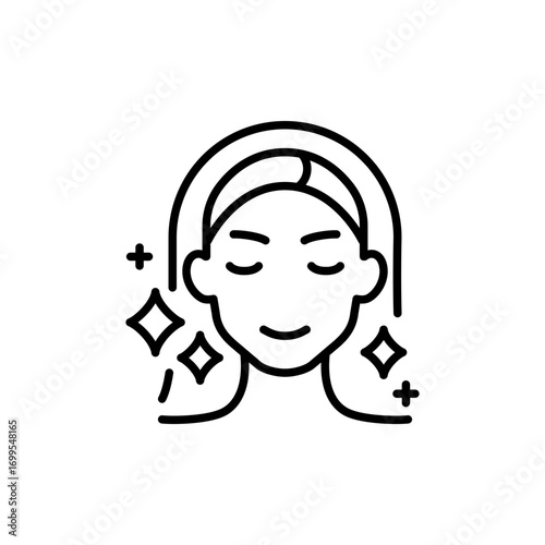 Aesthetic cosmetology icon. Simple outline style. Shiny skin, anti age skin care, happy woman, plastic surgery clinic concept. Thin line symbol. Isolated design.