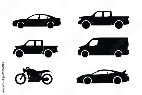 Diverse vehicle silhouettes including sedan truck van motorcycle and sports car black silhouettes