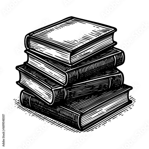 Hand Drawn Engraved Stack of Books Vector Illustration in Black and White