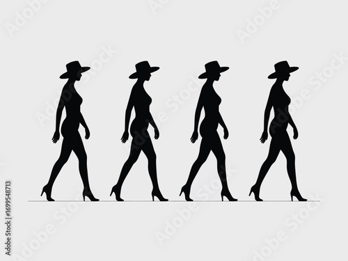 Four black female silhouettes wearing hats walking woman