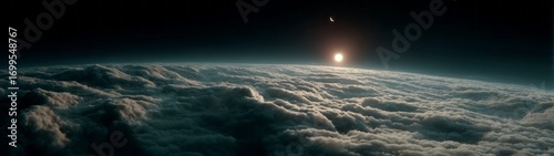 Stunning hdr panoramic view of earth’s atmosphere at sunrise high above the clouds nature aerial perspective