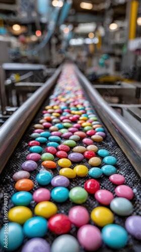 Colorful candies move along a conveyor belt in a modern candy production facility during the afternoon shift