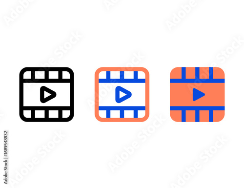 Three distinct play button icons on film strips