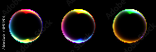 abstract glowing spheres with iridescent rainbow halos on dark background luminous orbs vibrant cosmic light fantasy digital art futuristic design colorful texture