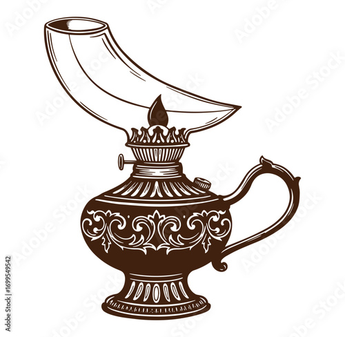 Antique oil lamp illustration elegant detailed brown ornament vector design on white background