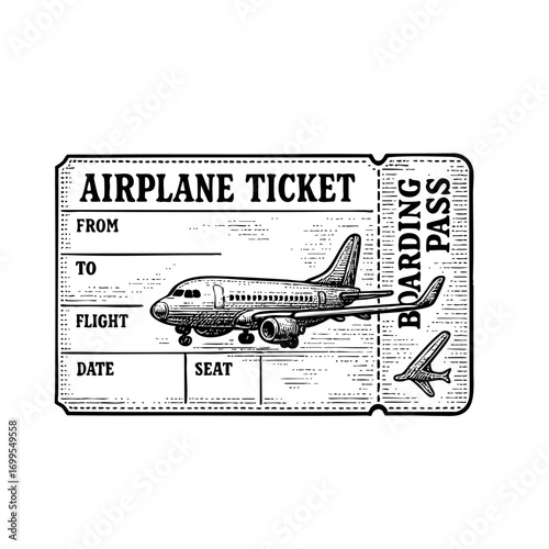 Hand Drawn Engraved Airplane Ticket Boarding Pass Vector Illustration in Black and White
