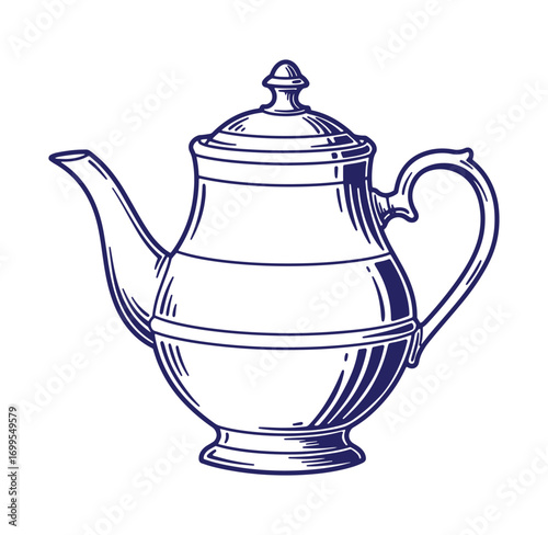 Classic elegant teapot vector illustration in a hand-drawn style with dark blue lines