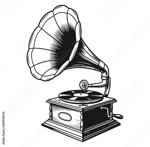 Classic vintage hand drawn illustration of an old gramophone record player in black and white