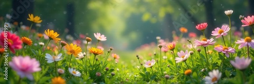 Gentle spring rain nourishes vibrant, colorful wildflowers bursting with life, symbolizing renewal and growth  A scene of delicate beauty and natural abundance ,  environment,  landscape
