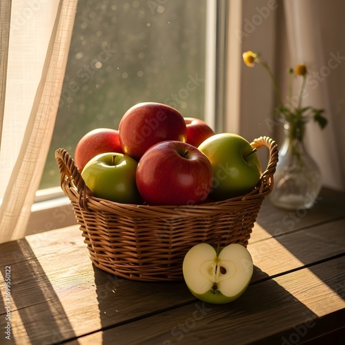 Wallpaper Mural 햇살 비치는 테이블 위 바구니에 담긴 신선한 사과들 Torontodigital.ca