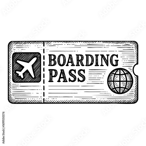 Hand Drawn Engraved Boarding Pass Airline Ticket Vector Illustration in Black and White