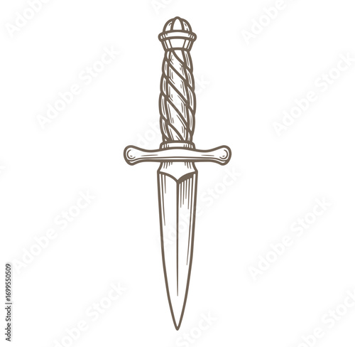 Detailed hand drawn illustration of a dagger with an elegant twisted handle design