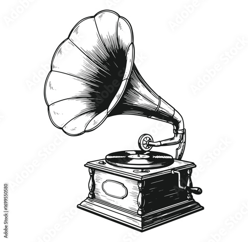 Detailed hand drawn illustration of a vintage gramophone music player isolated on white