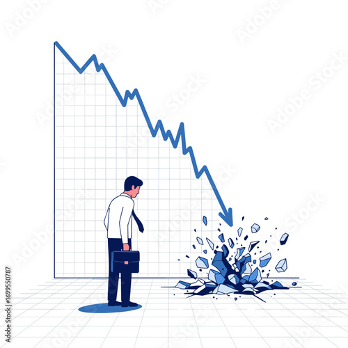 Economic recession crisis symbolized by a falling graph and shattering ground illustration