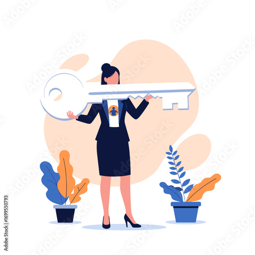Professional woman holding large key representing access opportunity and security in business growth strategies