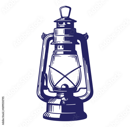 Detailed illustration of a classic kerosene lantern on a white background in blue ink