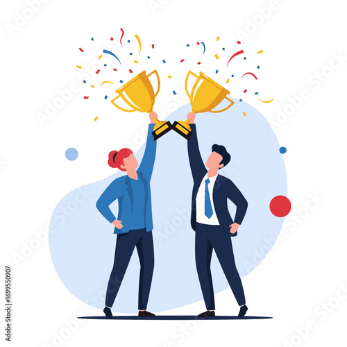 Two people celebrating holding up golden trophies with confetti falling down around them and blue abstract shapes in the background