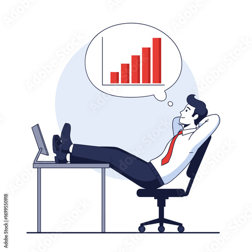 Man relaxing at desk dreaming of financial growth and business success illustrated