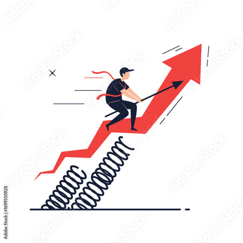 Man riding an upward trending graph with springs demonstrating exponential growth and success achievement