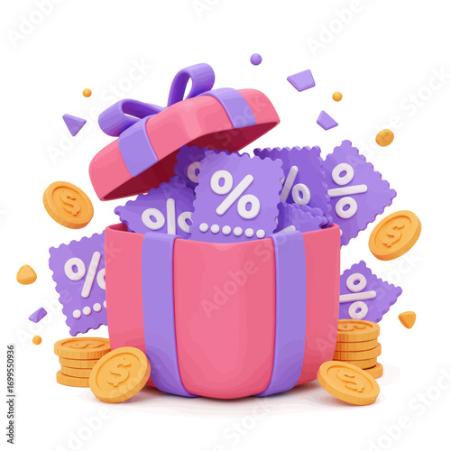 A 3D render of an open pink gift box overflowing with purple discount coupons and gold coins, symbolizing rewards and savings.