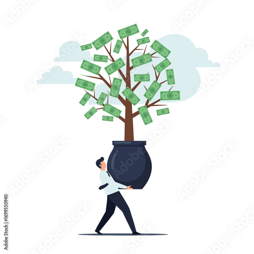 Businessman carrying a pot with a money tree growing from it symbolizing financial growth and investment success