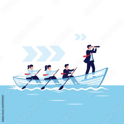Teamwork and leadership rowing together towards future goals and vision