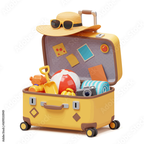 A bright yellow open suitcase packed with beach essentials, including a hat, sunglasses, beach ball, toys, and a camera, ready for a vacation.