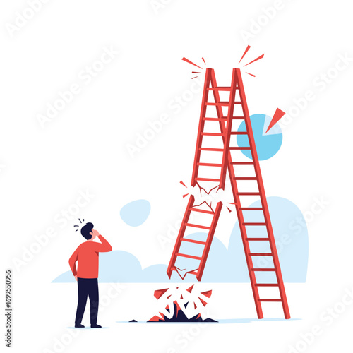 Business strategy failure person facing broken ladder symbolizing unachievable goals and poor planning
