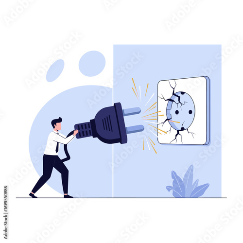 Man trying to plug a damaged outlet causing electrical sparks and hazard illustration
