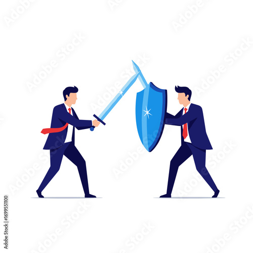 Businessmen in suits engaged in a sword and shield battle representing competition and conflict