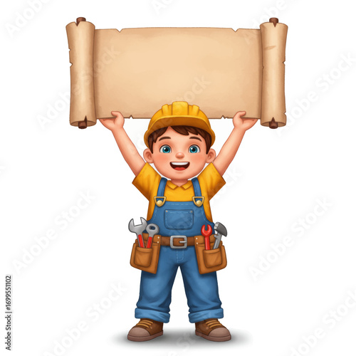A cheerful young boy wearing a construction hat and overalls, holding a blank scroll.