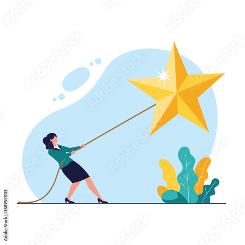 A determined woman struggles to pull a shining golden star towards her with a rope illustrating effort and aspiration