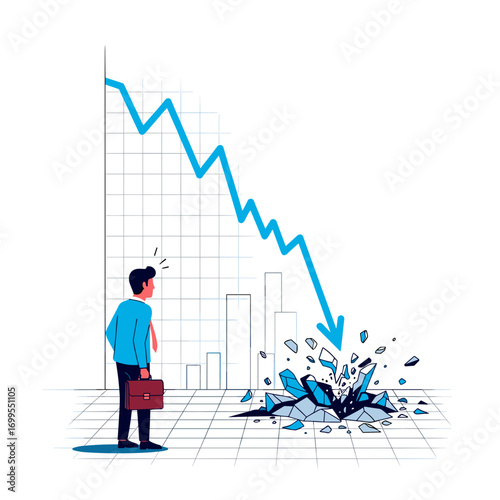 Businessman looks shocked as financial chart plummets and floor crumbles during economic downturn
