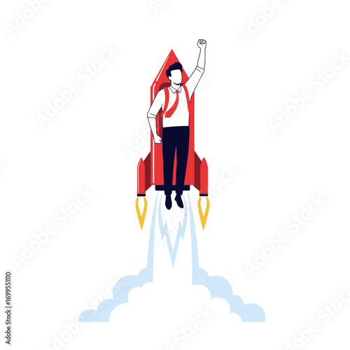 Man in business suit riding rocket ship launching into sky with clouds and smoke