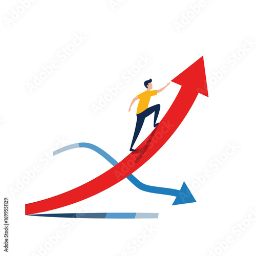 A person climbing upward on an increasing arrow representing success and growth