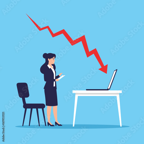 Businesswoman watching economic downturn and financial crisis impacting her company performance graph