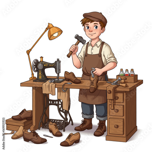 A young shoemaker works at his workbench, surrounded by tools and shoes.