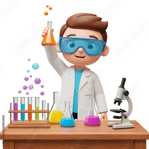 A cartoon scientist in a lab coat and goggles holds up a flask with orange liquid, surrounded by beakers, test tubes, and a microscope.