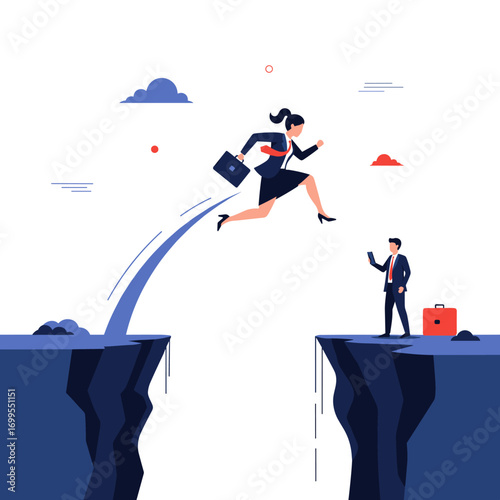 Woman successfully leaps over wide gap to achieve business success leaving colleague behind