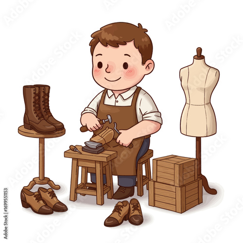 A charming cartoon illustration of a shoemaker diligently crafting shoes in his workshop, surrounded by various footwear and tools.