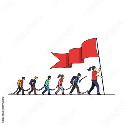 A diverse group of people follow a determined leader carrying a bright red flag symbolizing inspiration and guidance on a journey