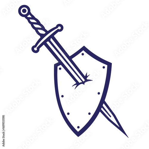 Vector illustration of a sword piercing a shield symbolizing protection or defense