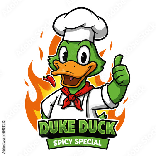 Cartoon duck chef with chili pepper, wearing a chef's hat and giving a thumbs up.